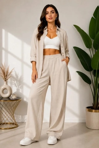 DefyModa Sofya Keten Gömlek Pantolon Alt Üst Takım Uzun Kollu - Krem