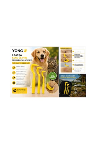 Yong 3 Parça Evcil Hayvan Kene Ve Pire Temizleme Aracı Seti Köpekler Ve Kediler İçin Kolay Kene Ve Pire Temizleme Aparatı Güvenli Evcil Hayvan Bakım Seti Sarı