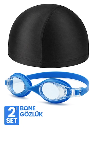 Set Yüzücü Gözlüğü Kumaş Bone Set Yüzme Havuz Deniz Gözlüğü Ve Bone Mavi