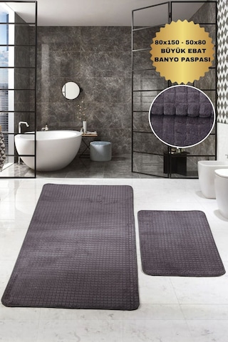 Kare Plus Antrasit Büyük Ebat 80x150 + 50x80 Cm 2'li Banyo Paspası Yıkanabilir Klozet Takımı Vizon