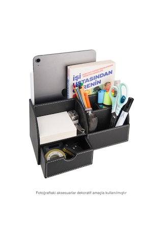 Masa Üstü Düzenleyici,kalemlik,kumandalık,küpbloknotluk,tabletlik,kitaplık,6 Gözlü,çekmeceli,desktop Organizer,vegan,24,5 13 12 Siyah