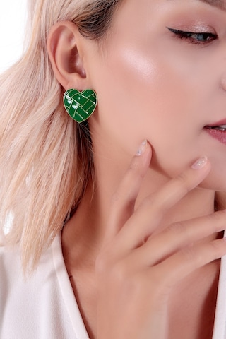 Bhs Life 925 Ayar Kadın Gümüş Kalp Yeşil Desenli Seramik Küpe Yeşil