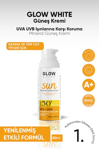 Glow White Hassas Ciltler için Mineral Güneş Kremi SPF50+ 50 ML
