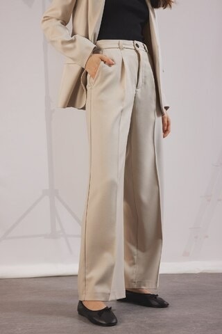 DeFacto Wide Leg Pensli Klasik Kumaş Pantolon Geniş Bol Paça Basic Düz Uzun Boy Yüksek Bel Cepli C2020AX25SPBG757 Bej