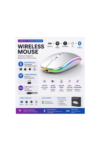 Jng-5013m Kablosuz Şarjlı Mouse Çift Modlu Bluetooth Ve 2.4 Ghz Usb Wireless Rgb Led Işıklı Telefon Tablet Bilgisayar Uyumlu 1600 Dpi Sessiz Click Mouse Diğer