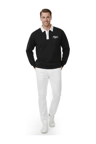 Deepsea Erkek Siyah Relax Fit İçi Polarlı Polo Yaka Sweatshirt Pamuklu Kalın Sweatshirt 2600762 Siyah