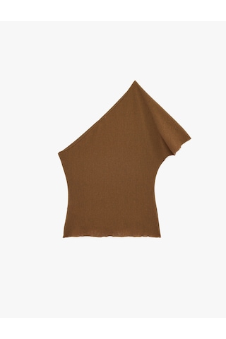 Koton Slim Fit Drape Detaylı Kısa Kollu Tek Omuz Bluz Kahverengi 6sak10273ek Kahve