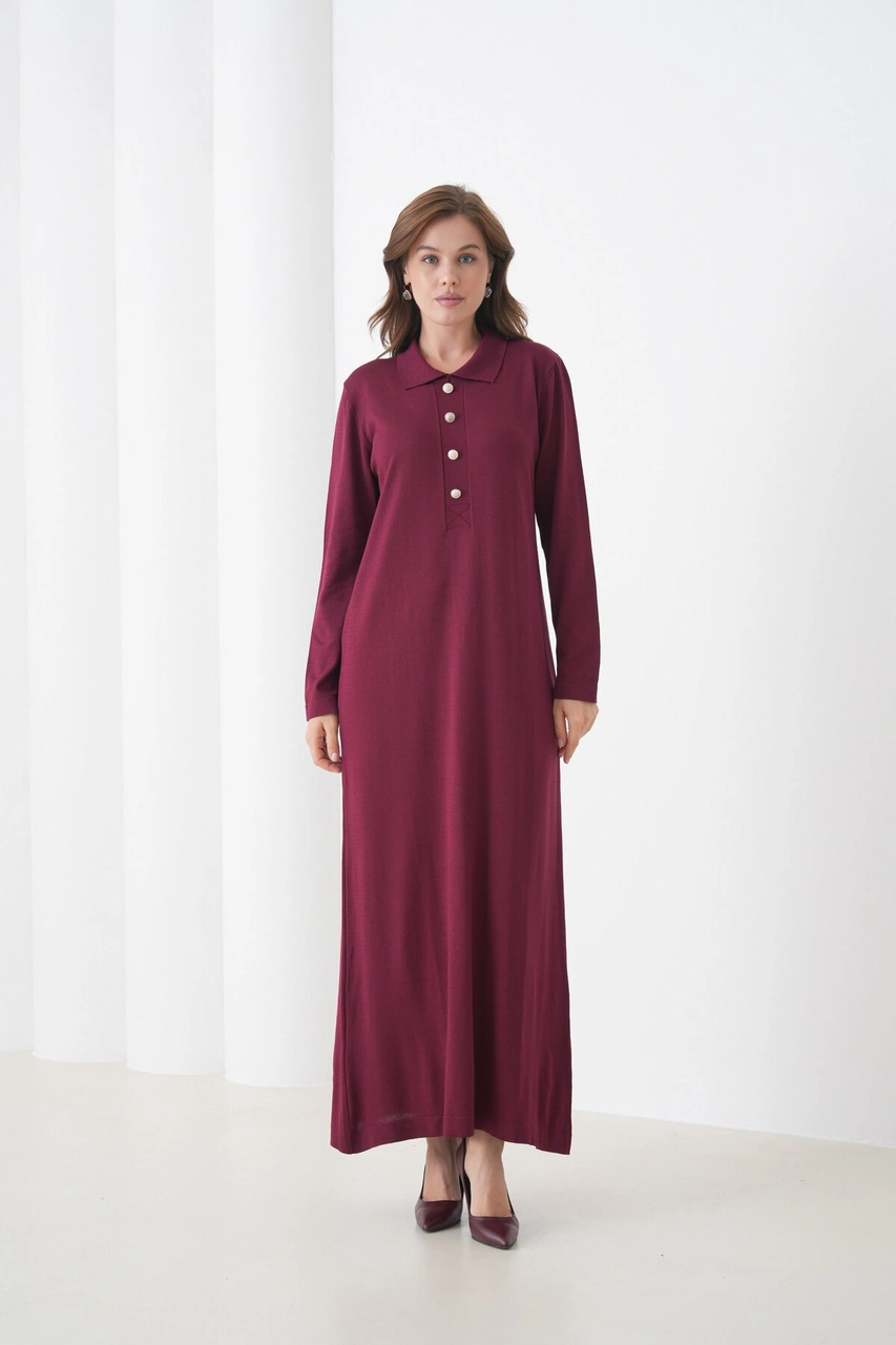 Kadın Uzun Kol Gömlek Yaka Triko Önden Düğmeli Triko Spor Şık Elbise Bordo