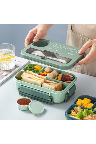 Pratik Ve Şık Taşınabilir 3 Bölmeli Bento Yemek Kabı, Mikrodalgaya Uygun Öğrenci Ve Ofis Çalışanları İçin Yemek Saklama Kutusu, Çatal Kaşık Dahil Yeşil