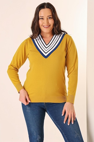 Şeritli V Yaka Büyük Beden Triko Kazak-35348-hardal Hardal