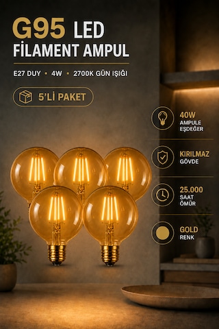 Rustik Led Kırılmaz Ampul G95 Glop E27 4w 2700k Sıcak Işık Gold Filament Dekoratif Dimmerli 5'li