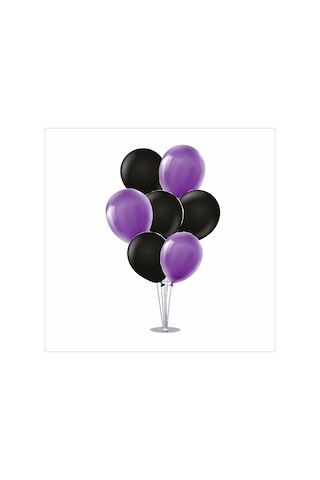Ayaklı Balon Standı 7li Set, 7 Adet Mor, Siyah Balon Çok Renkli