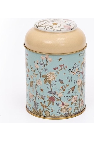 Flora Blue Desenli Yuvarlak Metal Saklama Kabı, 9 X 11 Cm, 0,6 Lt Desenli