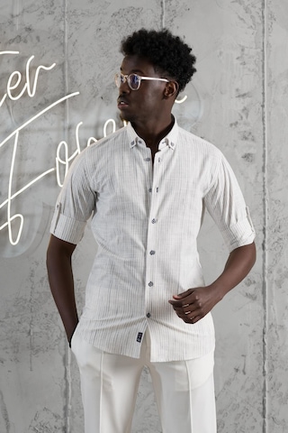 Advante İnce Çizgili Yaka Düğmeli Katlamalı Kol Pamuklu Slimfit Yazlık Keten Gömlek Gri