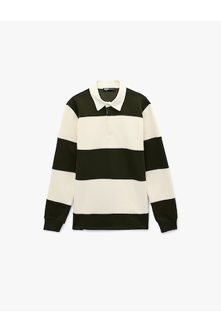 Koton Uzun Kollu Renk Bloklu Polo Yaka Sweatshirt Yeşil Çizgili 6sam70058mk Yeşil Çizgili