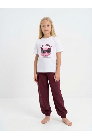 Zekids Kız Çocuk Cat Girls Baskılı T-shirt-17186 Ekru