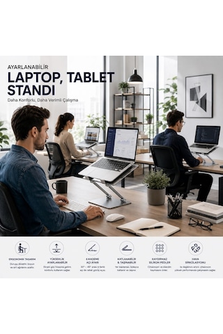 Schitec Metal Ayarlanabilir Laptop,tablet,Macbook Uyumlu,matebook Yükseltici Katlanabilir Stand Tutucu Gri
