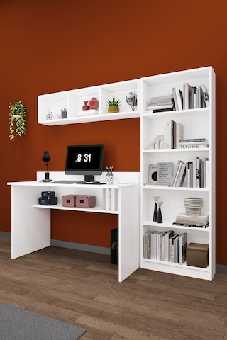 Asra Trend Çalışma Masası Seti ÇMT001 %100 MDF Kitaplıklı Raflı Ofis Takımı Beyaz