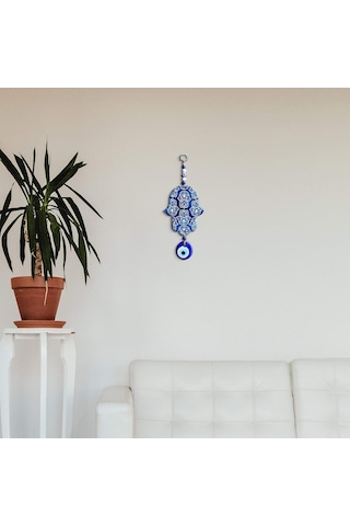 İlyasoğlu Hamsa Lazer Kesim Tahta Renkli Desenli Duvar Süsü Cam Nazarlık Sallantılı 26x10cm