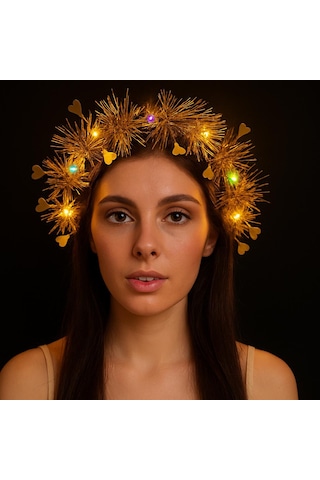 Kalp Püsküllü Gece Parıltısı 3 Modlu Led& 39 Li Işıklı Taç Altın Renk
