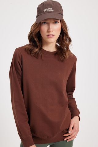 Tudors Kadın Oversize Geniş Kesim %100 Pamuk 2 İplik Bisiklet Yaka Kahverengi Sweatshirt -42618 Kahverengi