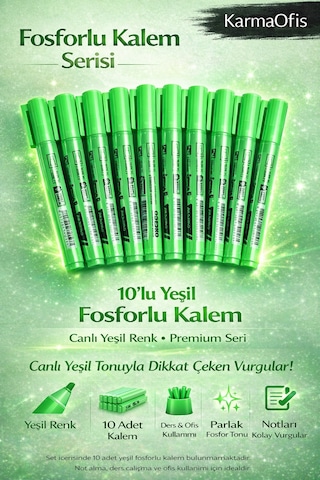 Fosforlu Kalem Seti 10'lu Yeşil Highlighter Yeşil