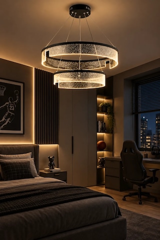 Modern Premium Cam Led Sarkıt Avize Siyah Çift Halkalı Dekoratif Salon Avizesi 48w