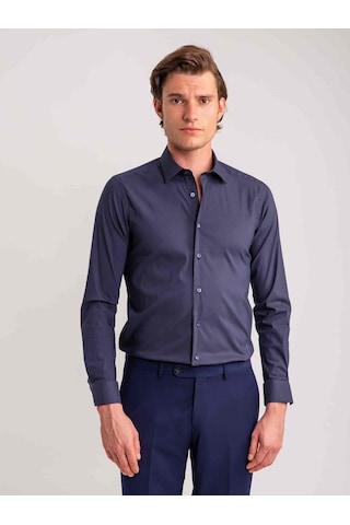 Dufy Lacivert Erkek Ekstra Slim Fit Düz Brent Yaka Uzun Kol Gömlek - 62471-lacivert Lacivert