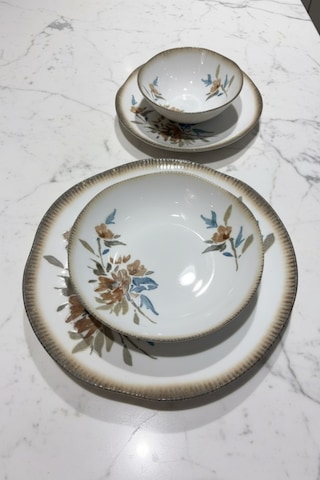 6 Kişilik 24 Parça Kayla Vintage Desenli Porselen Yemek Takımı İpek Krem