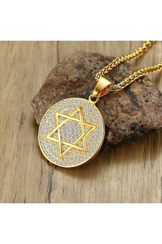 Altın Zincir Kolye Bayanlar Lüks Altı Sivri Yıldız Yuvarlak Zirkon Kolye Paslanmaz Çelik Moda Basit Kolye Takı Altın - Beyaz