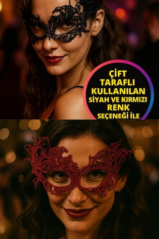 Çift Taraflı Dantel Maskeli Siyah Kırmızı Renk Seçenekli Şık Masquerade Yüz Aksesuarı Parti Stil Model - 7