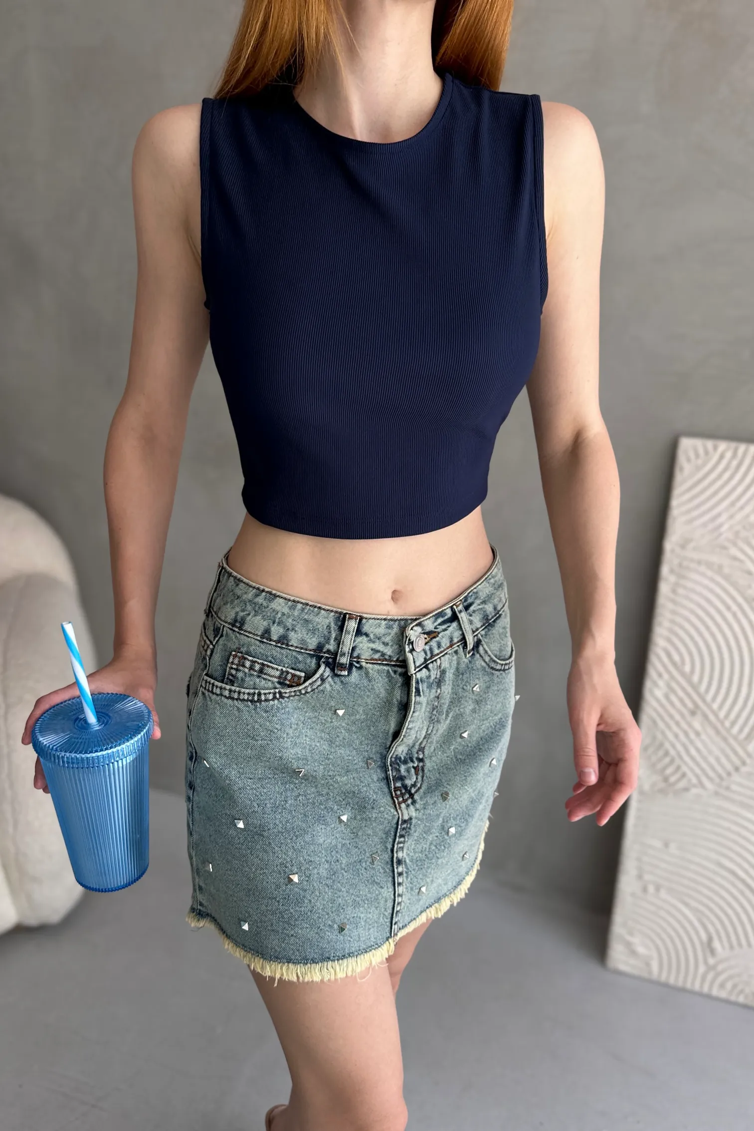 Nido Sırtı Kemer Detaylı Kaşkorse Crop Bluz Lacivert