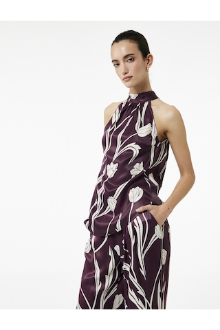 Koton Bağlama Detaylı Floral Desenli Halter Yaka Saten Bluz Bordo Desenli 6wak60123uw Bordo Desenli