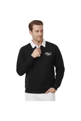 Deepsea Erkek Siyah Relax Fit İçi Polarlı Polo Yaka Sweatshirt Pamuklu Kalın Sweatshirt 2600762 Siyah