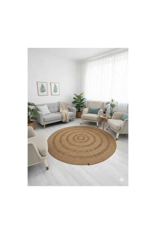 Jüt Hasır Görünümlü Desenli Modern El Örgüsü Daire Halı Kilim Hasır Hasır