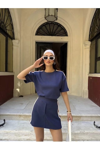 Osy Modal Yumuşak Dokulu Kumaş Kadın Parçalı Bisiklet Yaka T-shirt Mini Şortlu Etek İkili Takım -lac Lacivert