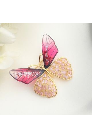 Broş Kadın Altın Kaplama Zirkon Taşlı Kelebek Yaka İğnesi Broş Ro Altın - Kırmızı