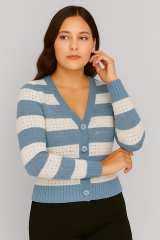 Hira Life Fashion Kadın Önü Düğmeli Ve Çift Renkli Çizgili Triko Hırka Mavi Mavi