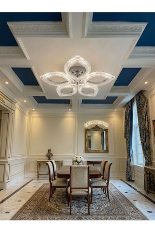 Yonca Model Gümüş 5"li Ledli 3 Renk Modu Kristal Salon Mutfak Yatak Çocuk Odası Avize Gümüş