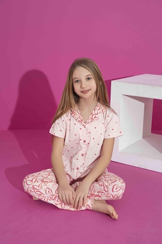 Rapapa Kız Çocuk Yazlık Likralı Penye Düğmeli Pijama Takımı 30271- Pembe