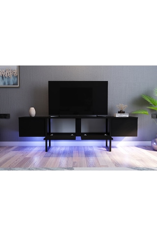 Marta 2 Kapaklı Metal Ayaklı Led'li Tv Sehpası - Siyah