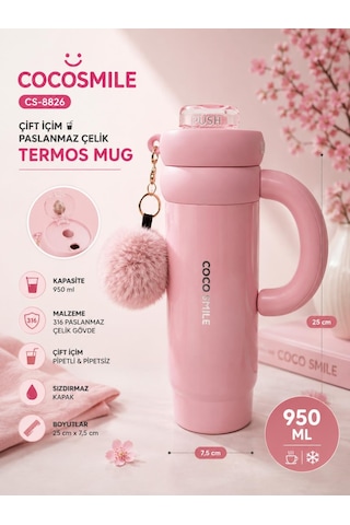 Cocosmile Cs-8826 Pembe 950 Ml Çift İçim Paslanmaz Çelik Termos Mug