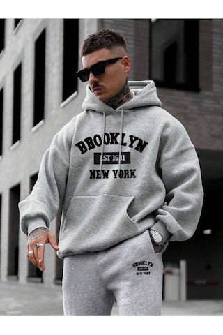 Siyah Brooklyn New York Baskılı Kapüşonlu Sweatshirt Ve Eşofman Altı Eşofman Takımı Gri