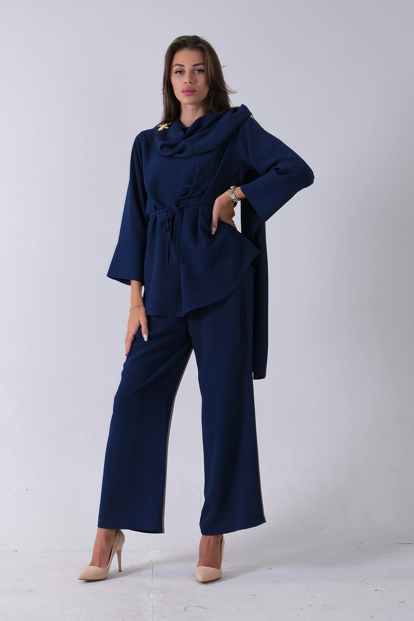 Feminist Lacivert Şal Yaka Üzeri Broş Detaylı Pantolonlu Takım 4592270.02 Lacivert