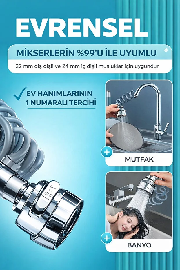 Musluk Başlığı 75 Cm Uzatmalı 360 Döner 3 Modlu Su Tasarruflu Uzayan Musluk Başlığı