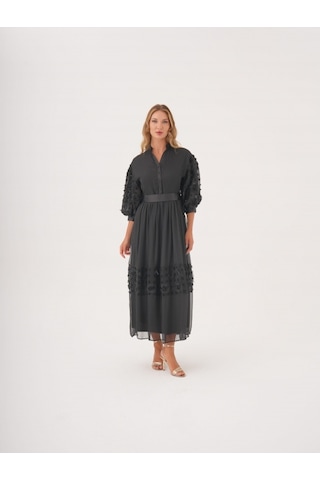 Dantel Detaylı Kemerli Şifon Gömlek Elbise Siyah