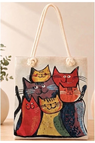 Genel Markalar Goblen Kadın Omuz Çantası+ Kedi Desen4 Krem.karışık Renkli Desenli