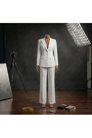 Orvelia Omuz Kanat Kristal İşlemeli Tailored Beyaz Blazer Ceket Ve Pantolon Takımı Selene
