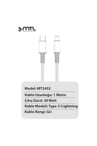 30w Pd Type-c To Apple Uyumlu iPhone Lightning Hasır Hızlı Şarj Ve Data Kablosu 1 Metre Gri Mt2452