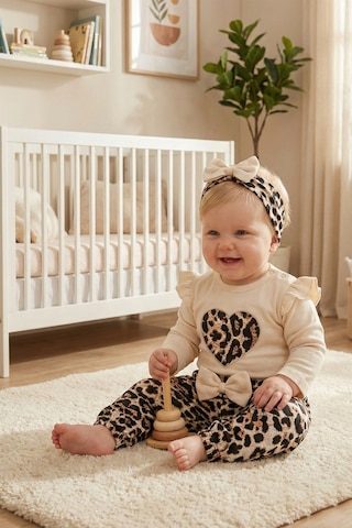 Babymod Leopar Desenli 3'lü Pamuklu Kız Bebek Takım Set Bej